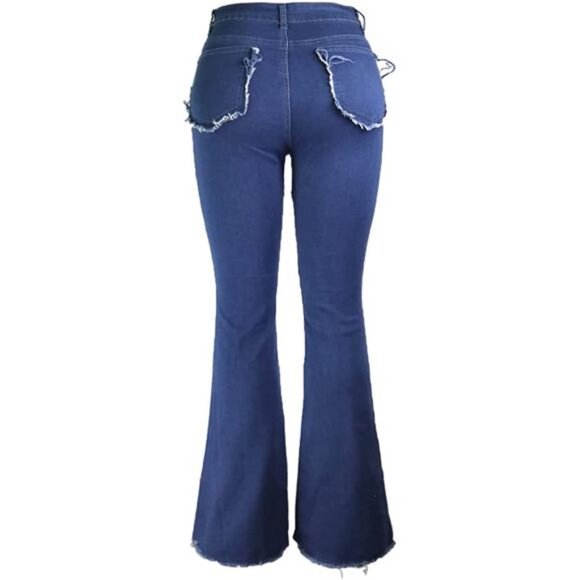 Women's Slim High Waisted Patched Hippie Wide Leg Denim Flared Bell Denim Pants - Picture 2 of 6